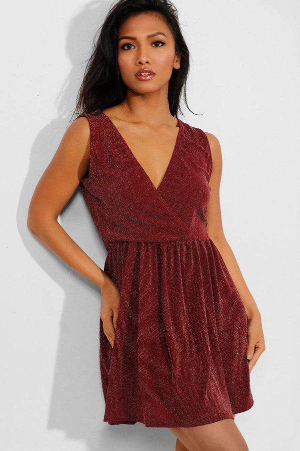 Burgundy V-Neck Lurex Shimmer Sleeveless Dress - SinglePrice