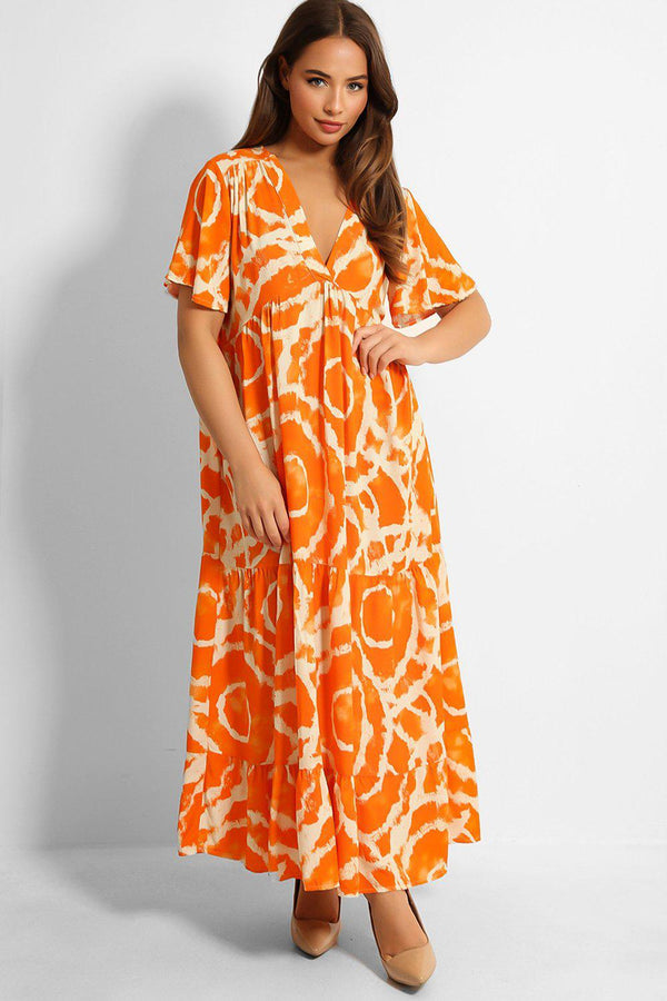 Orange Circles Print Tiered V-Neck Maxi Dress - SinglePrice