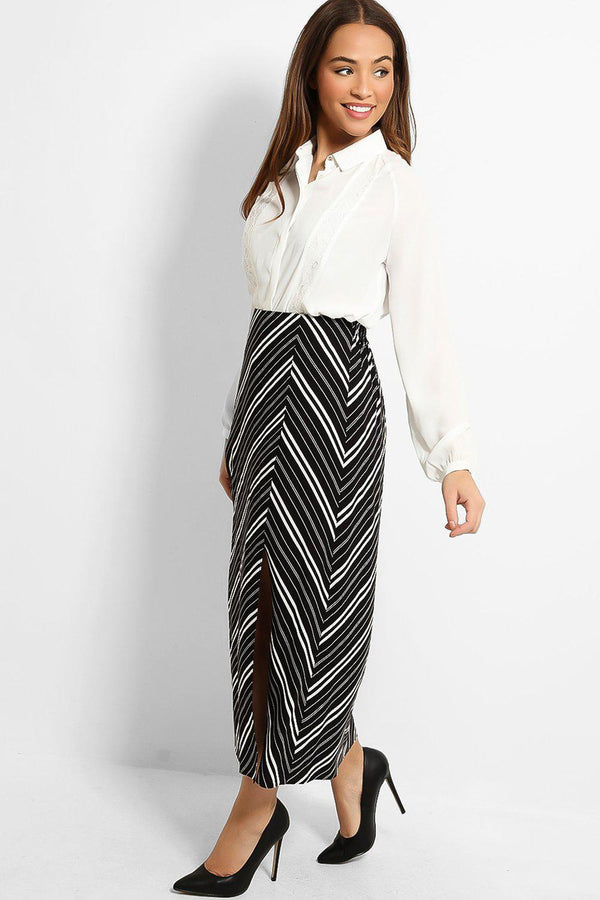 Black Asymmetric Stripe Print Front Split Maxi Skirt - SinglePrice