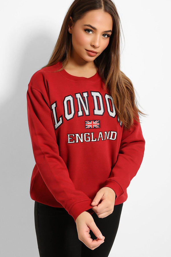 Burgundy White LONDON England Slogan Sweatshirt-SinglePrice