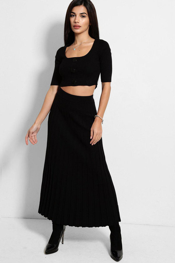 Black Back Split Pleated Flat Knit Skirt - SinglePrice