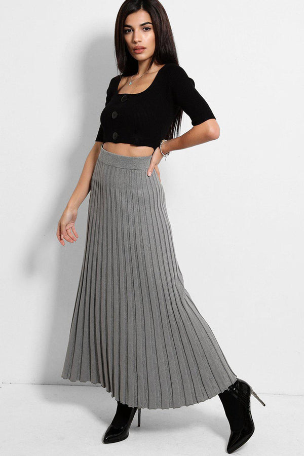 Grey Back Split Pleated Flat Knit Skirt - SinglePrice