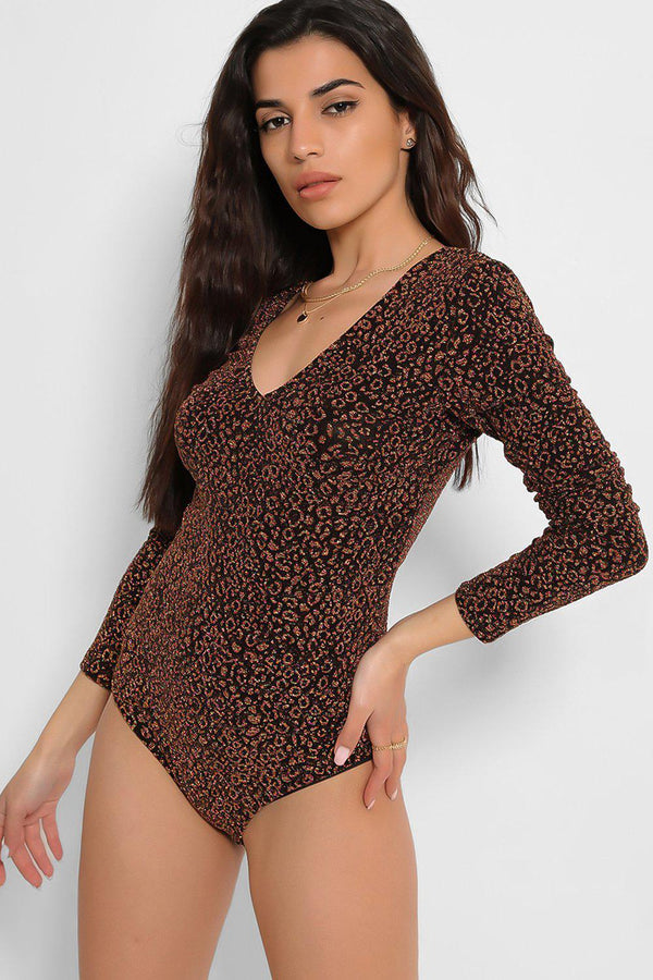 Black Shimmer Leopard Print Bodysuit - SinglePrice