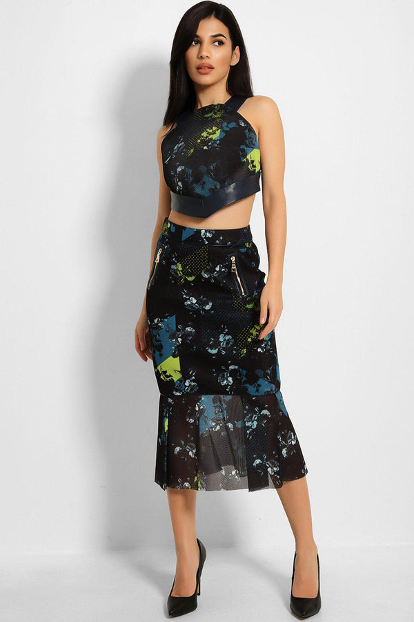 Navy Teal Dimple Floral Print Mesh Structured Skirt - SinglePrice