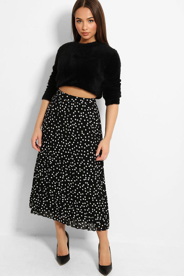 Black Polka Dot Print Pleated Maxi Skirt-SinglePrice