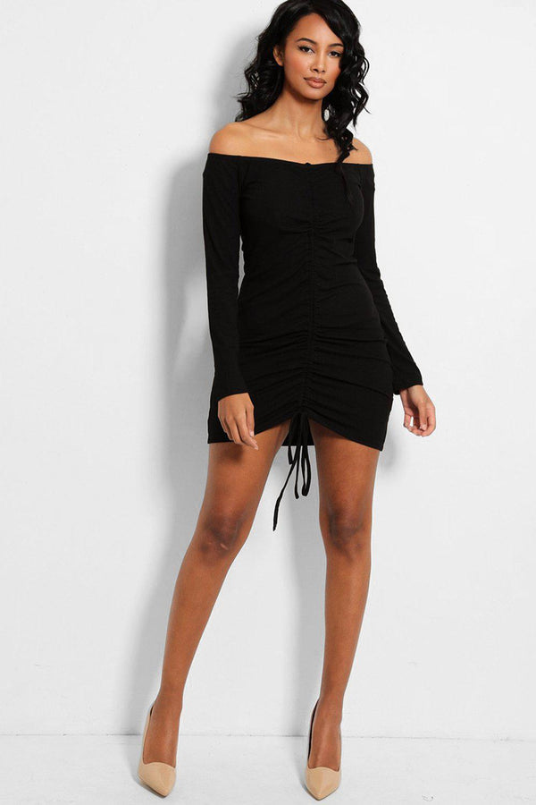Black Drawstring Front Off Shoulder Ribbed Dress-SinglePrice