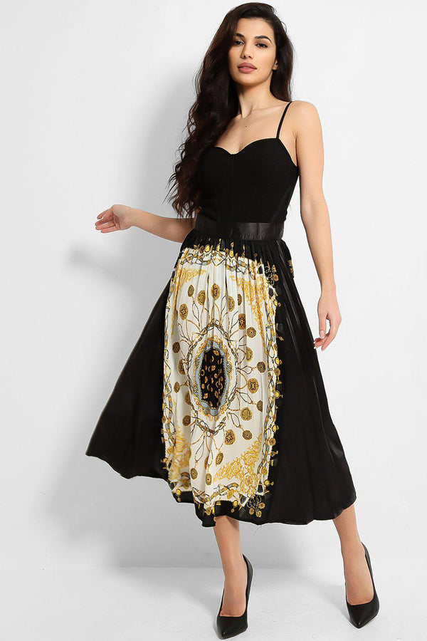 Black Cream Paisley Print Satin Pleated Skirt - SinglePrice