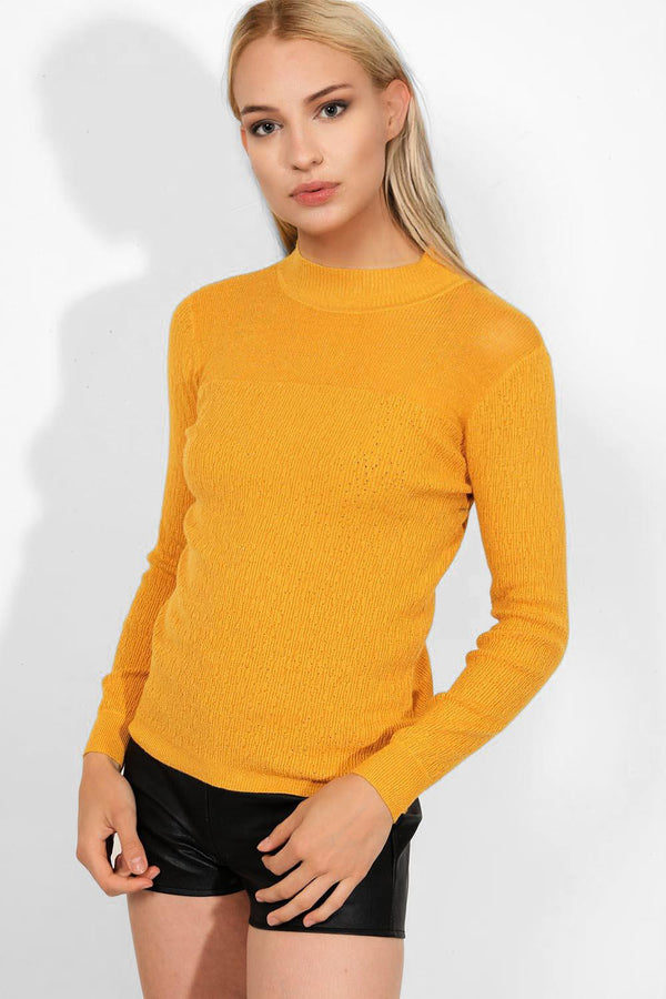 Yellow Lurex Knit Sheer Panel High Neck Pullover - SinglePrice