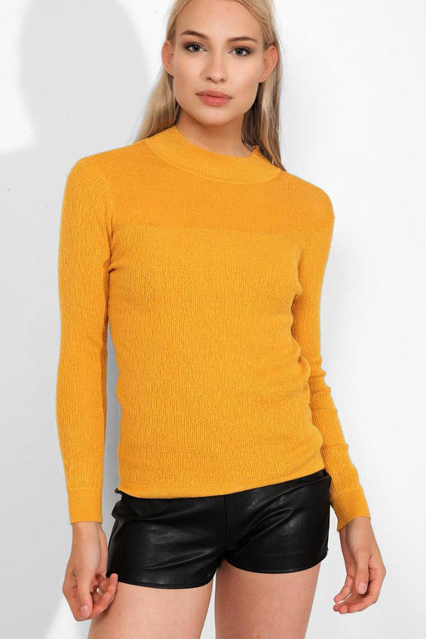 Yellow Lurex Knit Sheer Panel High Neck Pullover - SinglePrice
