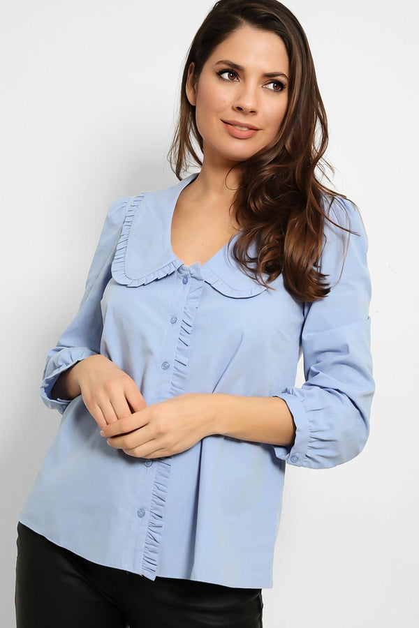 Frilled Large Collar Cotton Blend Shirt Blouse-SinglePrice