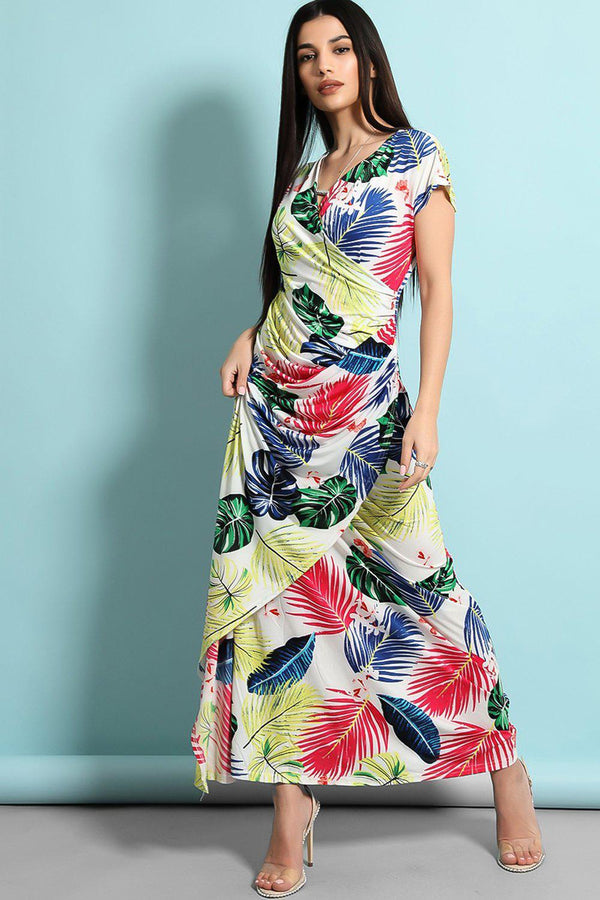White Wrap Neck Tropical Leaves Print Maxi Slinky Dress - SinglePrice