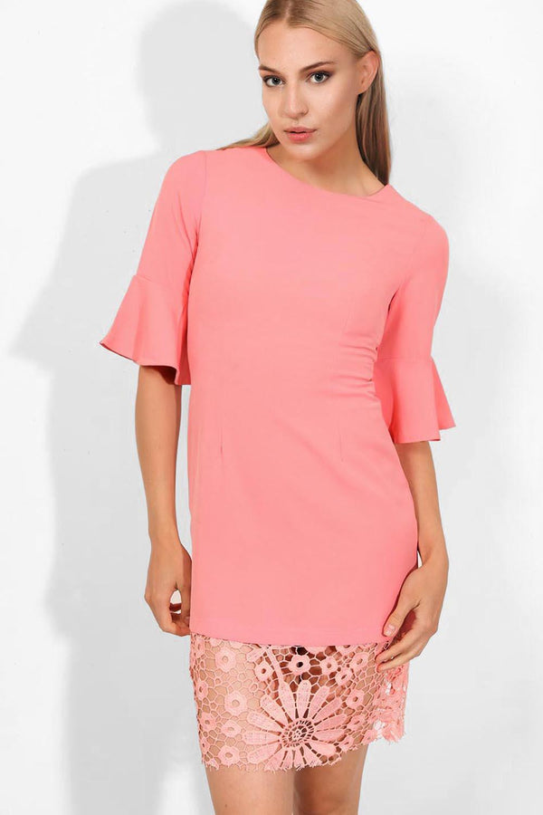 Pink Crochet Lace Hem Pink Midi Dress - SinglePrice