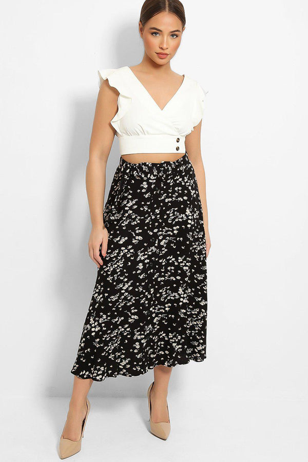 Black Floral Print Belted Buttons Front Skirt - SinglePrice