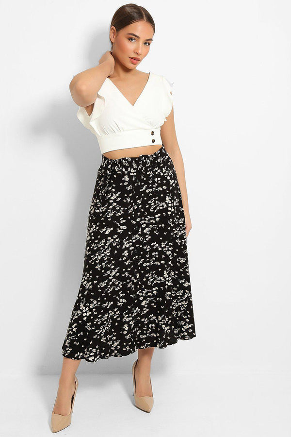 Black Floral Print Belted Buttons Front Skirt - SinglePrice