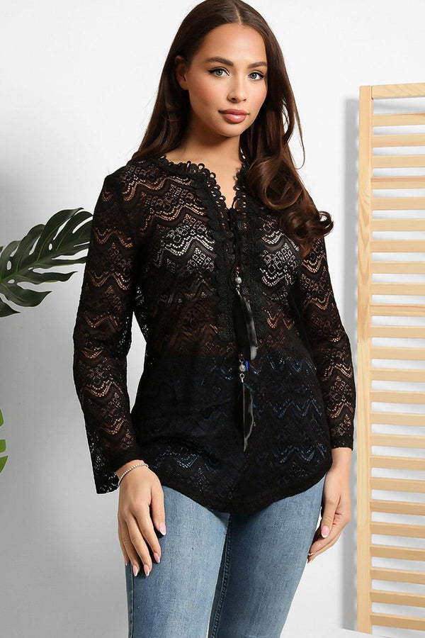 Feather Details Lace Curved Hem Tunic-SinglePrice