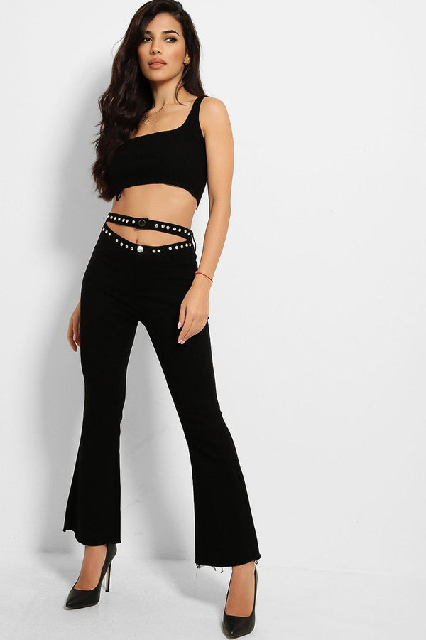 Black Crystals Embellished Cut Out Belt Flared Jeans-SinglePrice