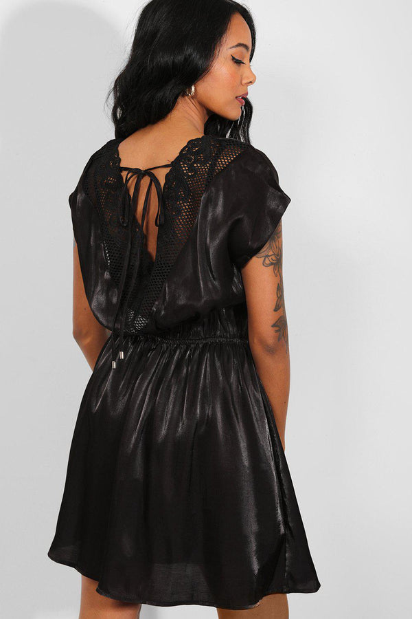 Black Crochet Lace V Back Shimmer Dress - SinglePrice
