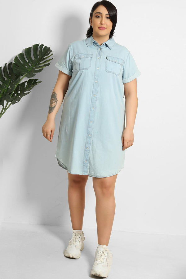 Popper Buttoned Front Denim Non-Belted Dress-SinglePrice