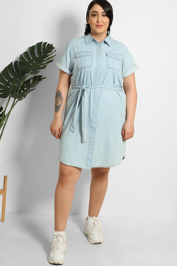 Belted Denim Summer Shirt Dress-SinglePrice