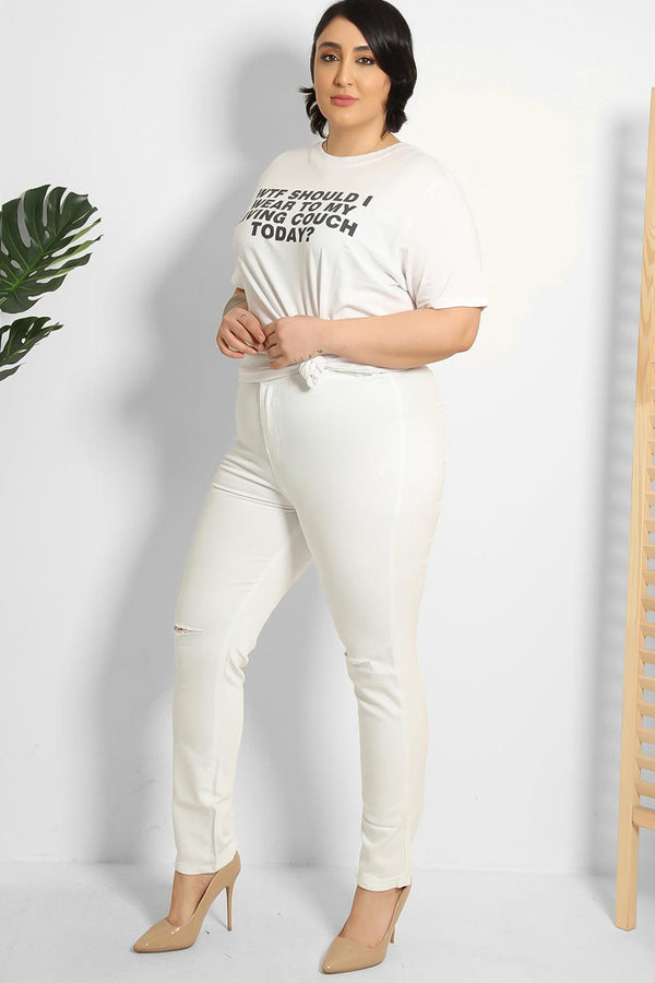 Ripped Knee White Skinny Jeans-SinglePrice