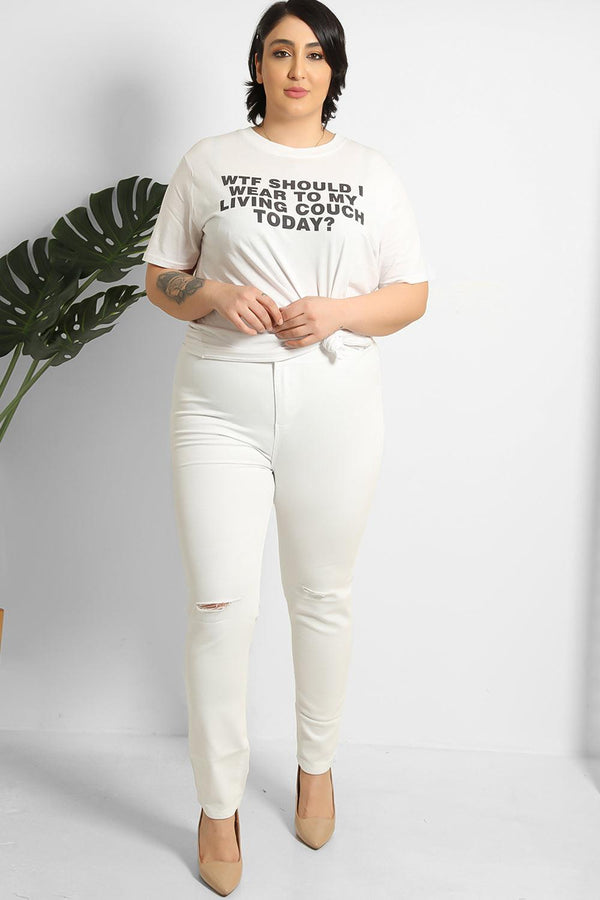 Ripped Knee White Skinny Jeans-SinglePrice