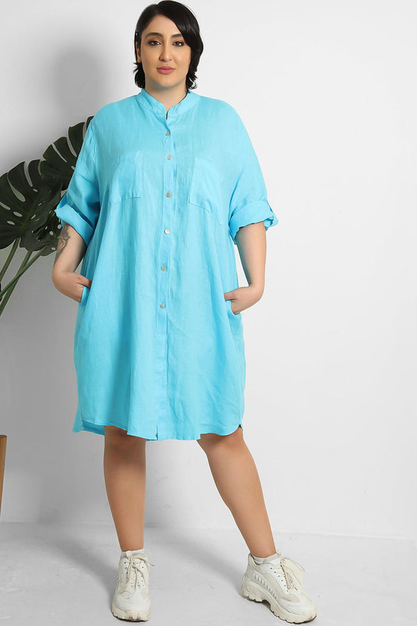 Grandad Collar 100% Linen Shirt Dress-SinglePrice