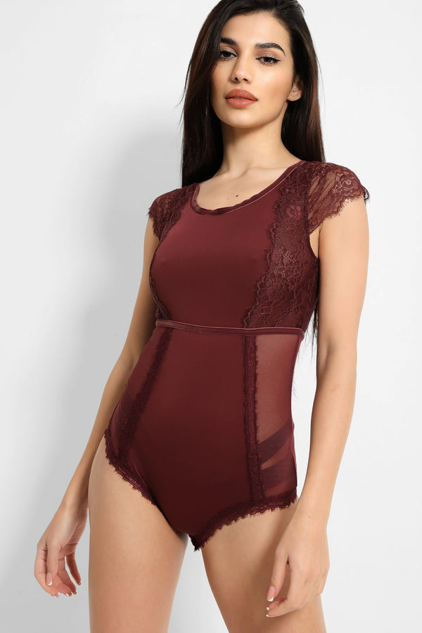 Burgundy Lace Mesh Bodysuit - SinglePrice