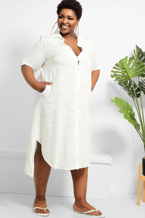 Curved Hem 100% Linen Shirt Dress-SinglePrice