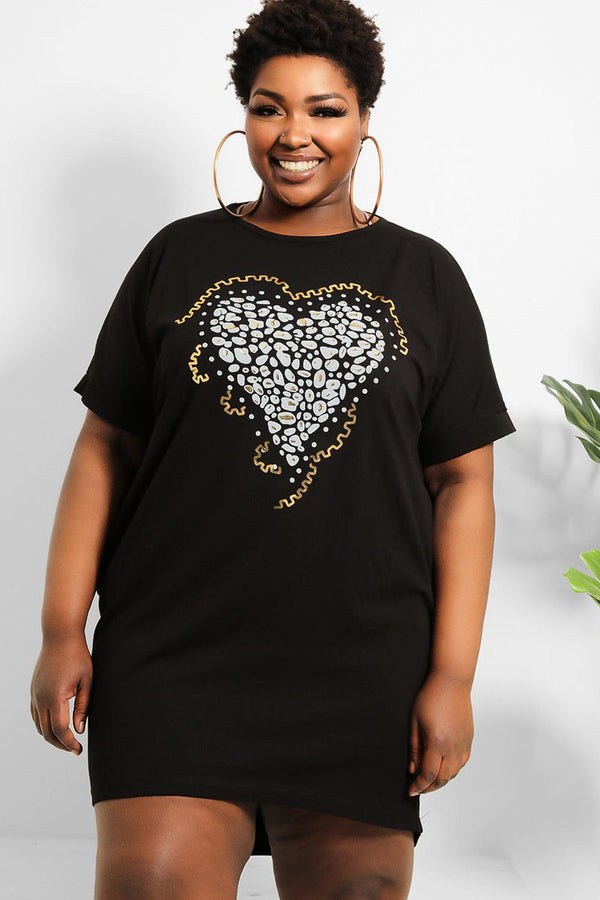 Hot Foil Leopard Heart Print T-shirt Dress-SinglePrice