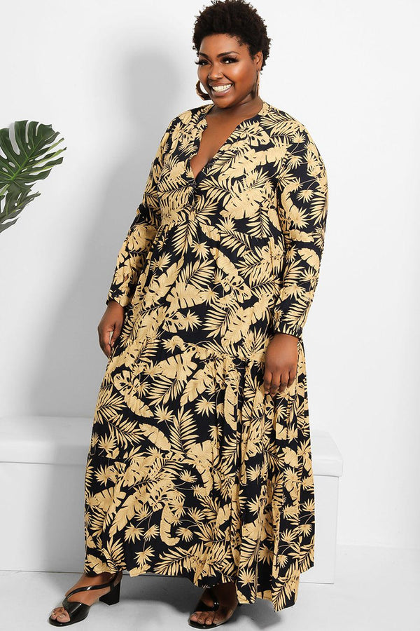 Black Gold Leaves Print Tiered Linen Blend Maxi Dress-SinglePrice