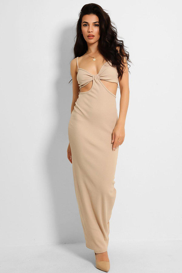 Beige Ribbed Cut Out Details Maxi Dress - SinglePrice