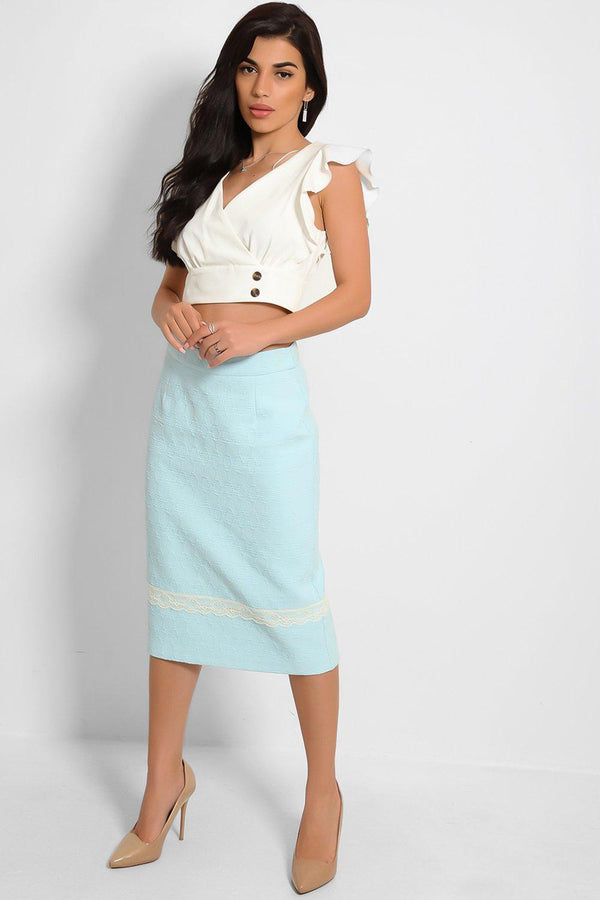 Blue Textured Finish Lace Stripe Pencil Skirt - SinglePrice