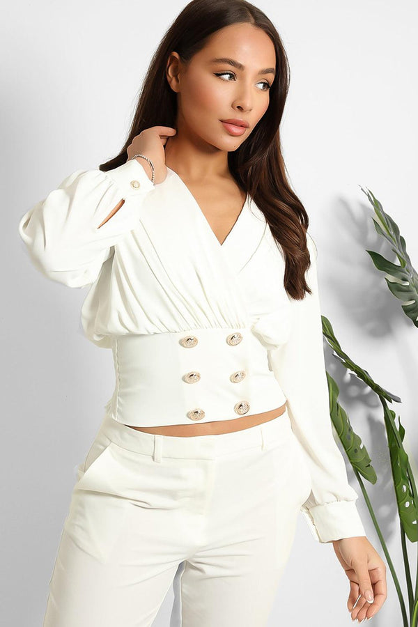 Double Breasted Golden Buttons Slinky Blouse-SinglePrice