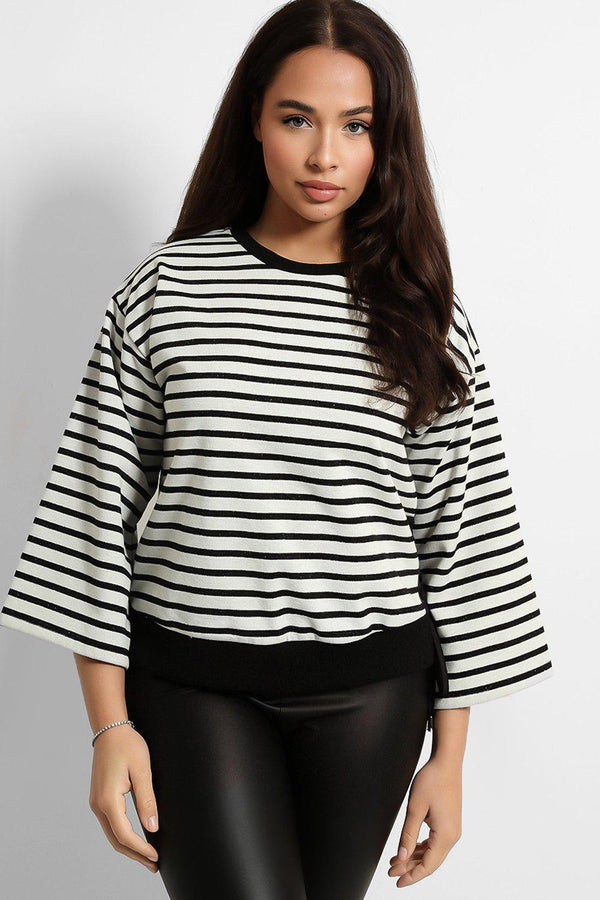 Cream Black Stripe Wide Sleeves Corset Detail Sweatshirt Top-SinglePrice