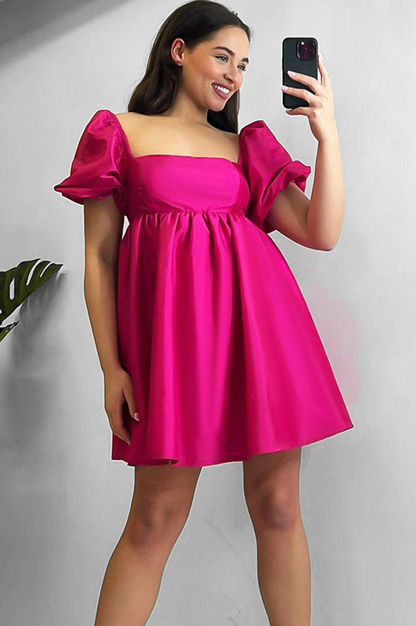 Hot Pink Crushed Satin Empire Waist Dress-SinglePrice