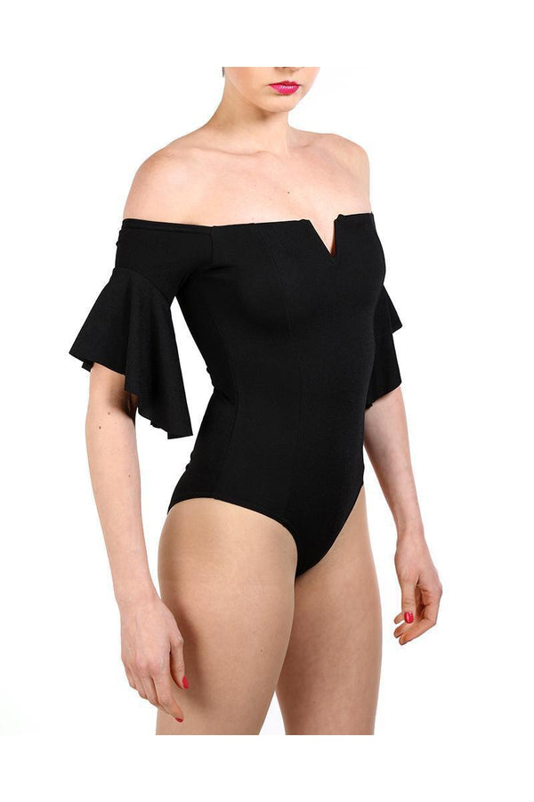 Black Frill Sleeve Off Shoulder Bodysuit - SinglePrice