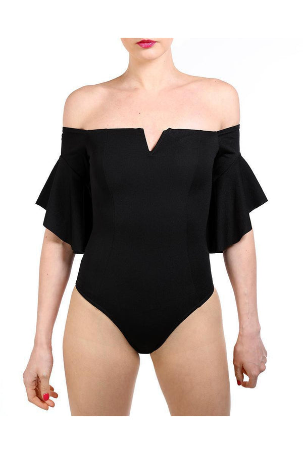 Black Frill Sleeve Off Shoulder Bodysuit - SinglePrice